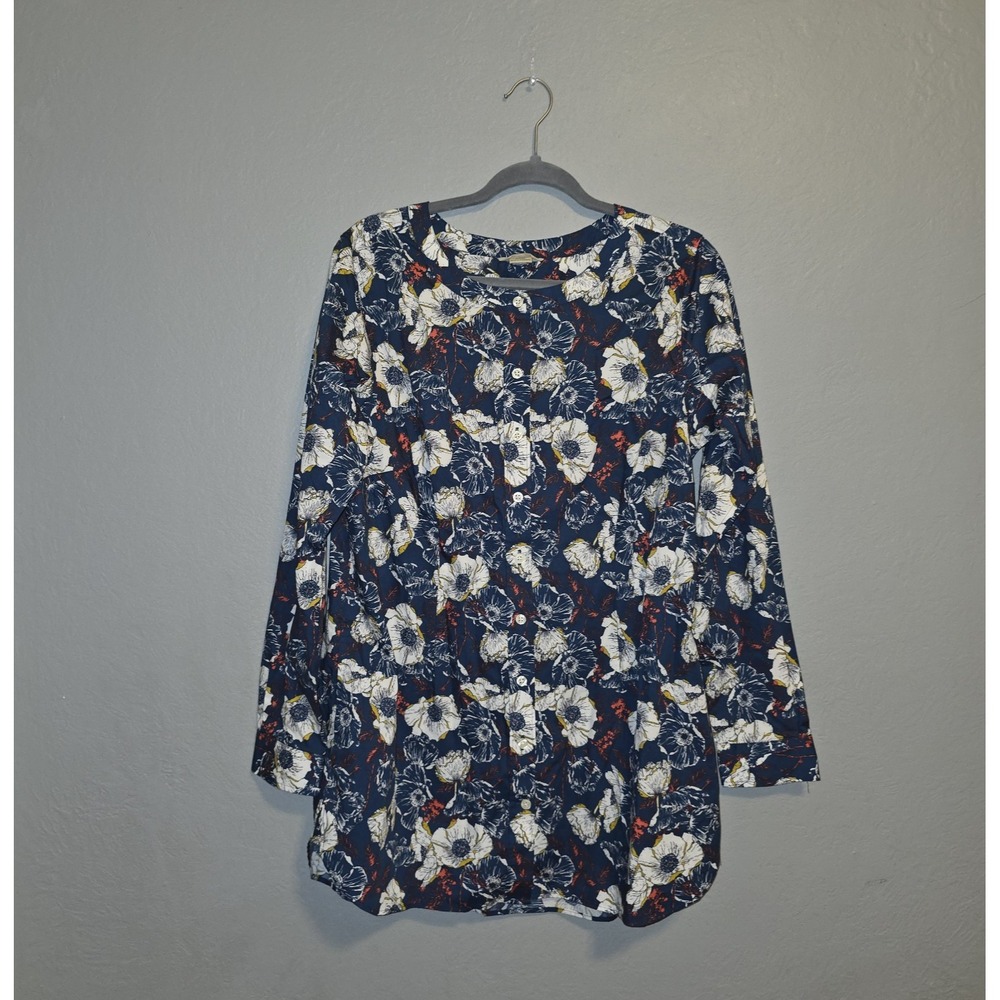 Duluth Trading Co Wrinkle Fighter Tunic Top Navy Blue Poppy Floral Pockets Sz M